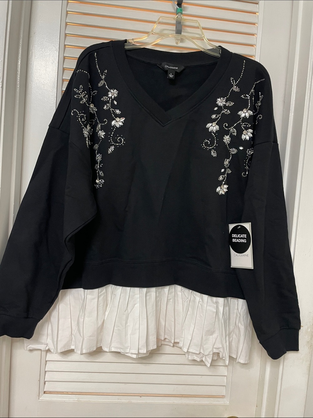 croft & barrow Black V-Neck Embellished Sweatshirt with White Pleated Hem